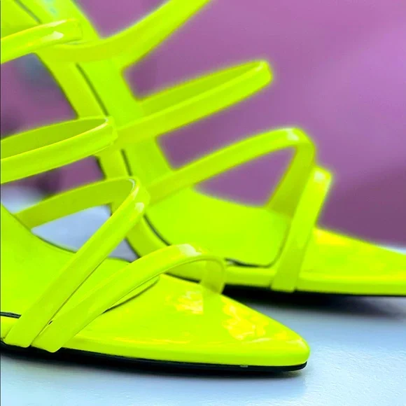 Qupid Frasier-85 Strappy Bright Yellow Slip-On Sandal Stiletto Heeled Mules - Picture 6 of 8